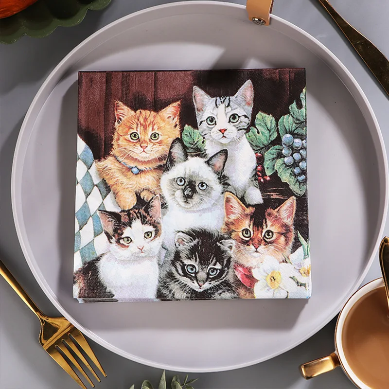 20Pcs 2Ply 33cm Cute Kitten Napkins Watercolor Cat Floral Print Disposable Paper Napkins for Pet Themed Birthday Party Decor