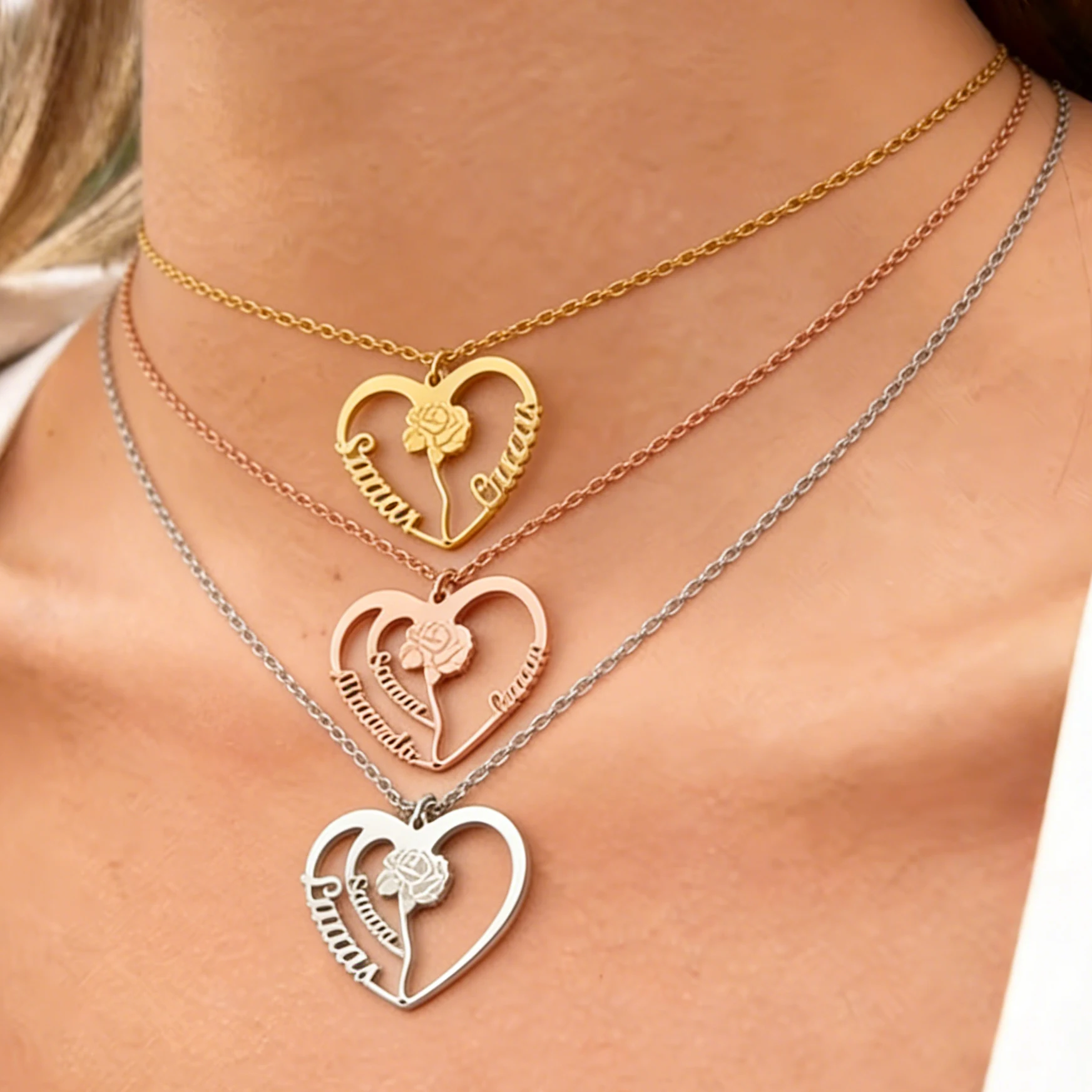 

Personalized Custom 1-3 Names Necklaces For Women Men Stainless Steel Heart Pendant Choker Chain Couple Anniversary Jewelry Gift