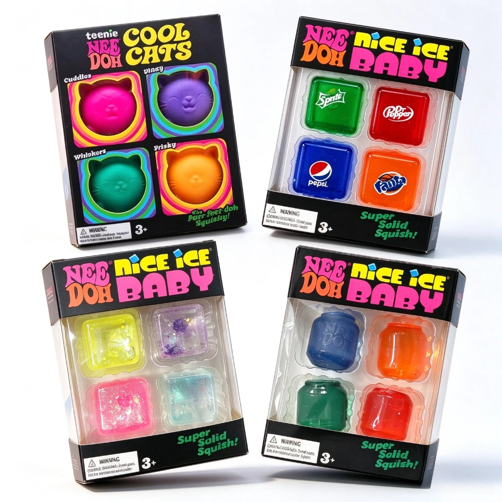 Needoh Nice Ice Cube 4-teiliges Mini-Squishy-Spielzeug-Set, langsam zurückfedernder Anti-Stress-Sensorik-Würfel, sicheres Fidget-Geschenk für Kinder & Erwachsene