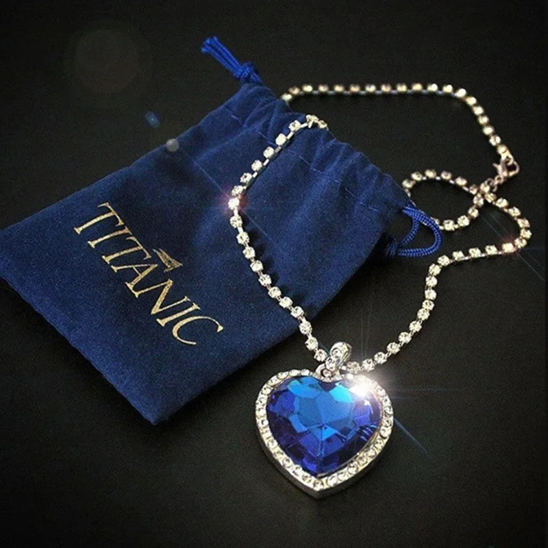 Ocean Heart Titanic Blue Pendant Necklace+Velvet Bag New Fashionable Sparkling Full Diamond Eternal Love Red Sweater Chain