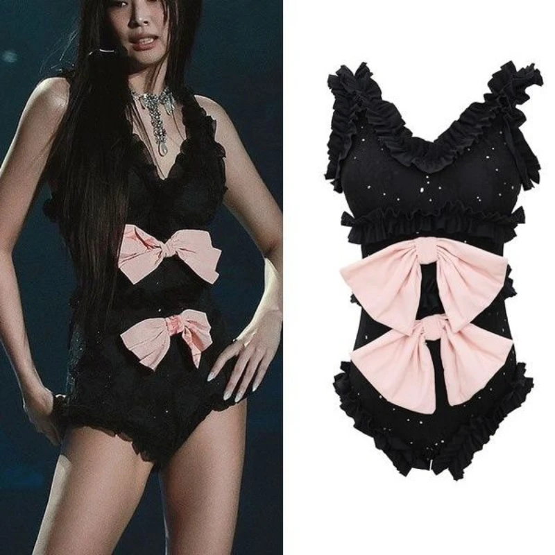 

2025 Women's Black Lace Ruffle Bodysuit - Pink Bow Rhinestone Embellished Vintage Y2K Sweet Edgy Streetwear for Spring Summer