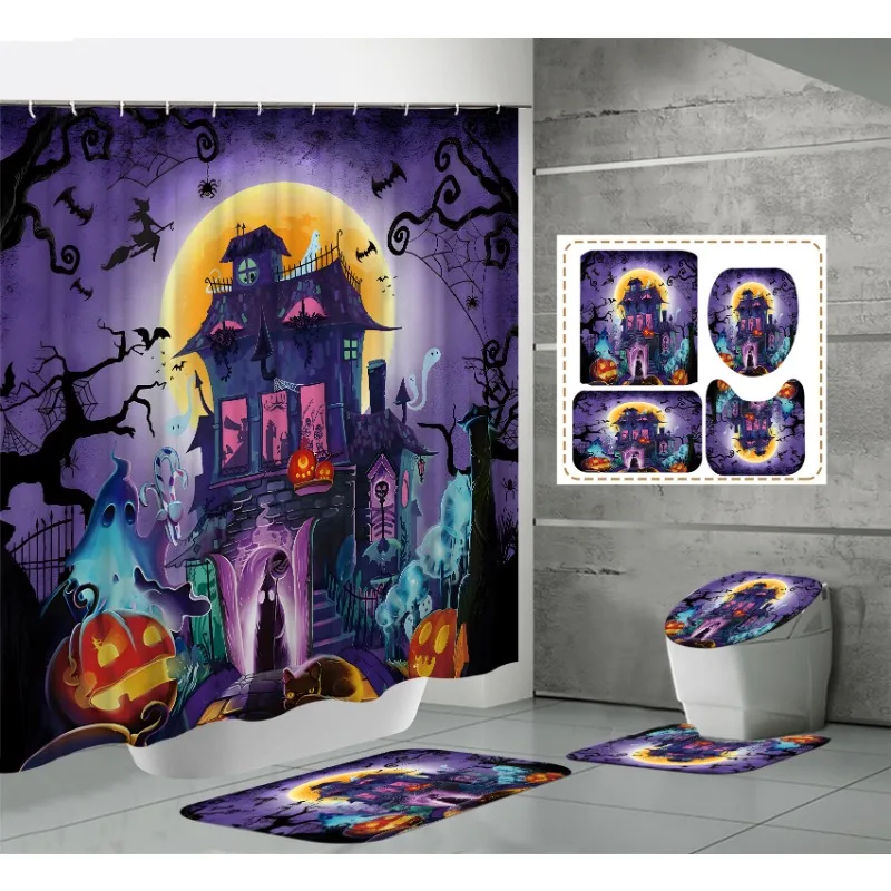 

Halloween Print Waterproof Bathroom Set With Shower Curtain And Rugs Hooks Toilet Anti-Slip Floor Mat Bathroom Accessories 4PCS