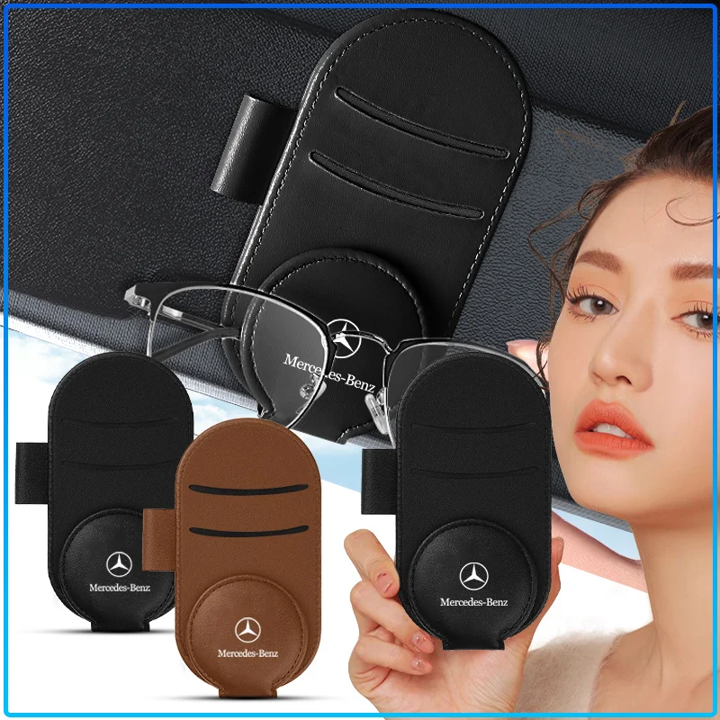 Leather Car Glasses Clip Sun Visor Multi-function Sunglasses Clip Stickers For Mercedes Benz E260 E200 E300 W205 W212 W166 W176