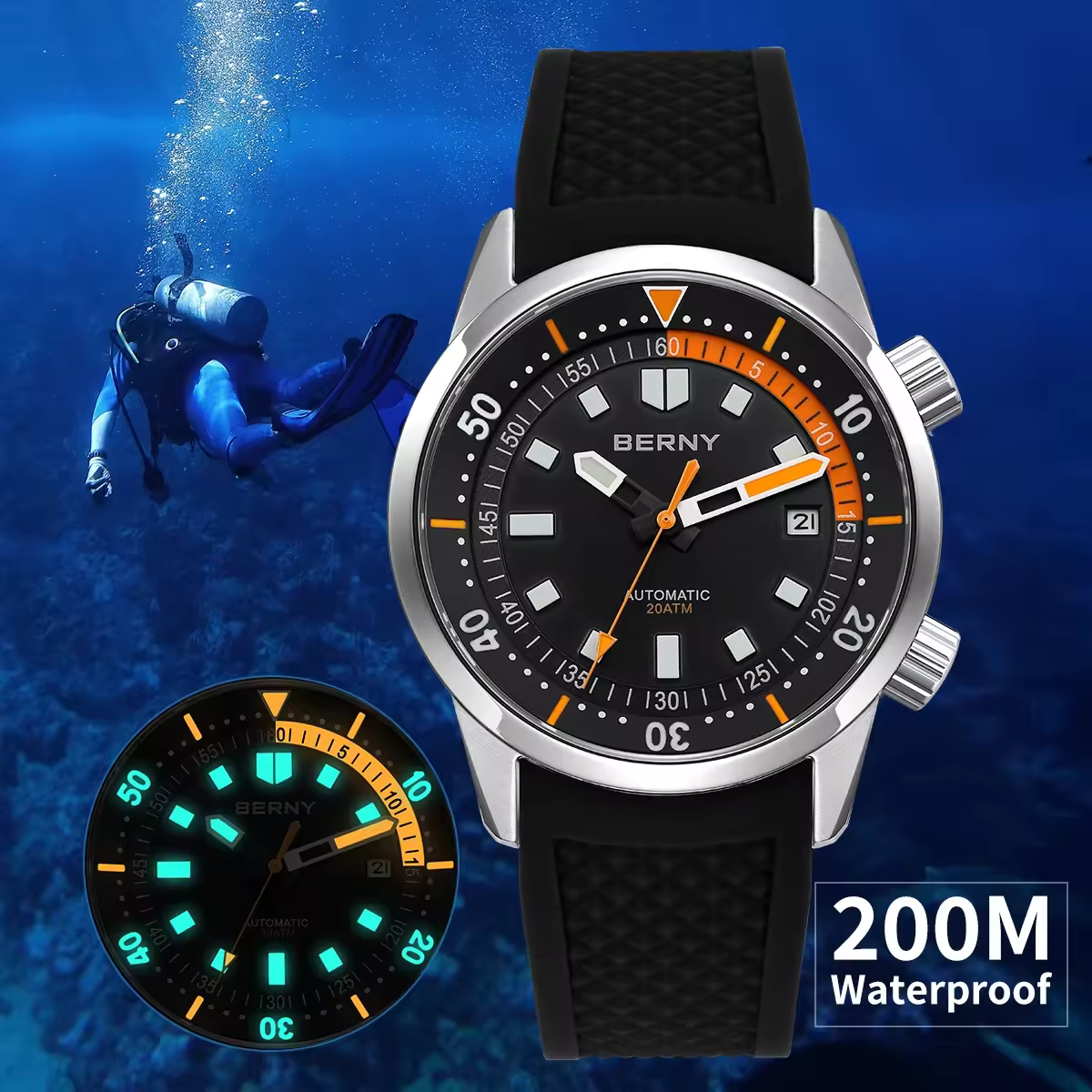 BERNY Relógios de Mergulho Masculino 200M À Prova D 'Água Super Luminoso Relógio de Mergulhador Mecânico Automático 42mm Safira Natação Relógio de Pulso de Mergulho
