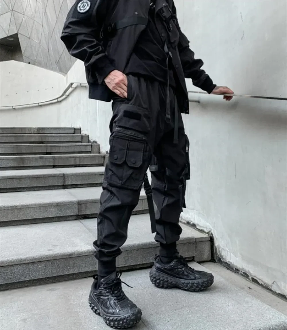 Multi-pockets Ribbons Bandage Tactical Techwear Cargo Pants Mens Harajuku Punk Hip Hop Joggers Pantalons Casual Streetwear