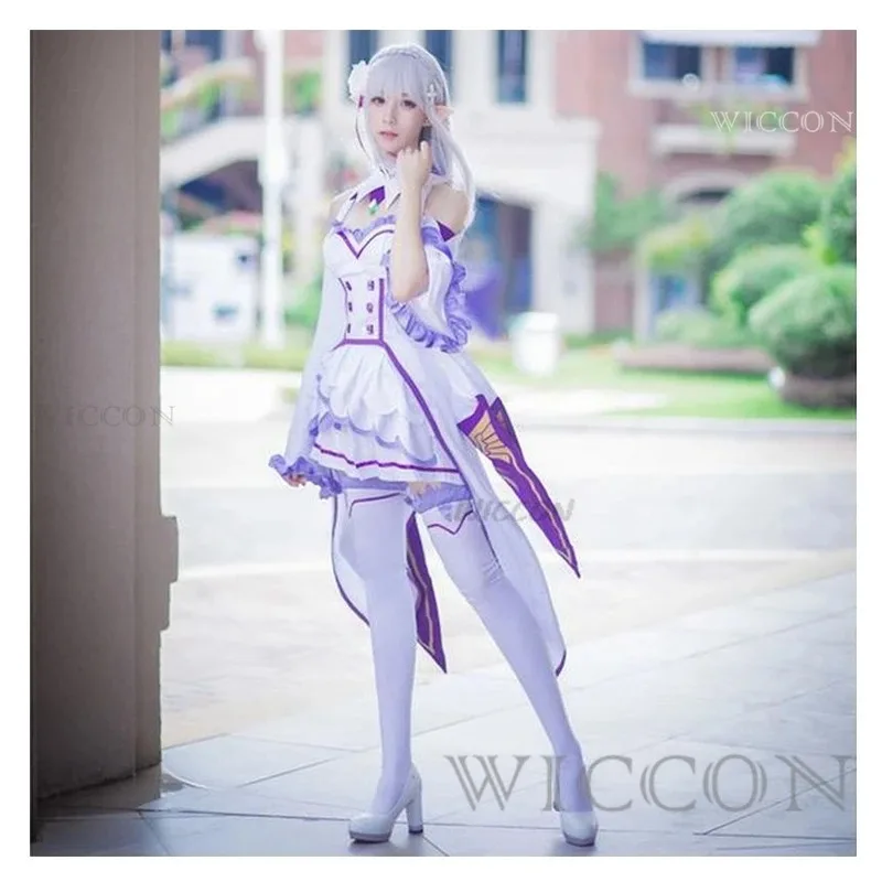 Kostum Cosplay Anime Emilia Rezero 2025, Wig, Gaun Lolita Imut, Kostum Halloween untuk Wanita Elf