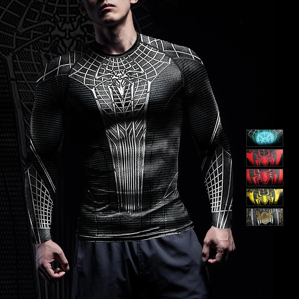 NADANBAO Spider 3D Printed Superhero Tops Men Surfing Long Sleeve Workout Fitness Tops Compression Shirts Rash Guards