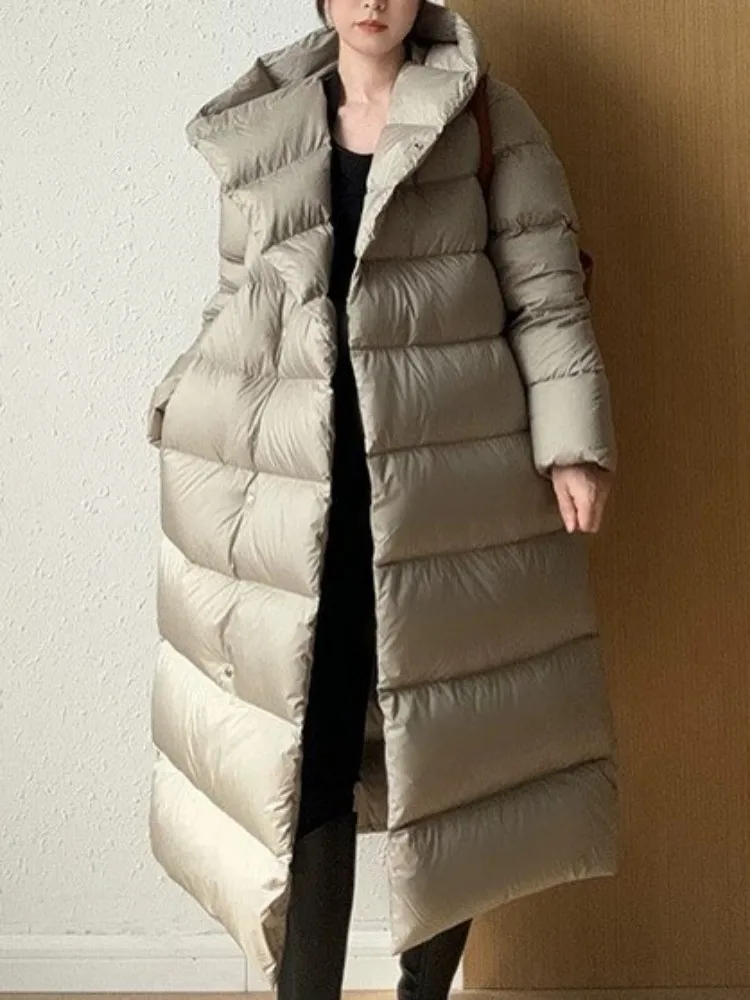 Streetwear Female Hidden Nutton Down Coat Solid Color Hooded Thickened Jacket Fashion Warm Ladies Long Sleeves Loose Outerwear