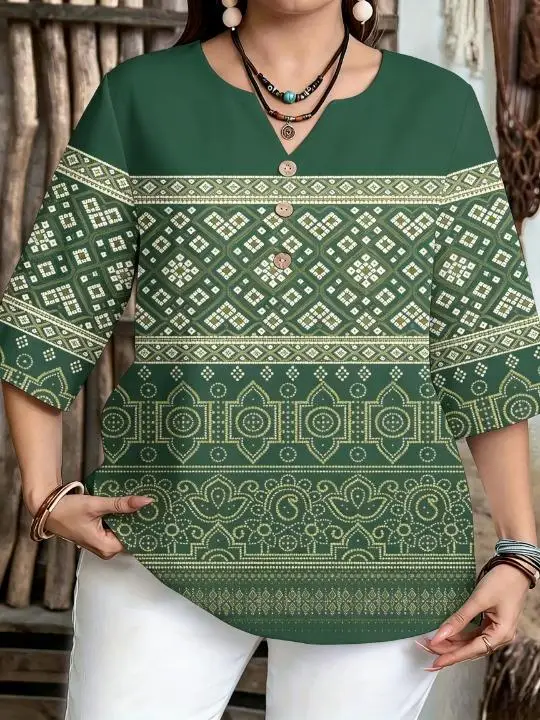 Women Ethnic Geometric Stripe Print Blouse For Curvy Figures Notched Neck 3/4 Sleeve Loose Casual Ladies Tops