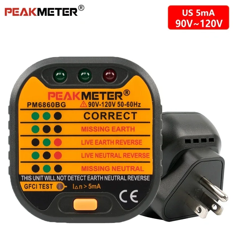 PEAKMETER 6860DR 110 / 230V Electric Socket Tester,Plug Detector Zero Line Plug Polarity Phase Check Phase Detector US/EU Plug,A