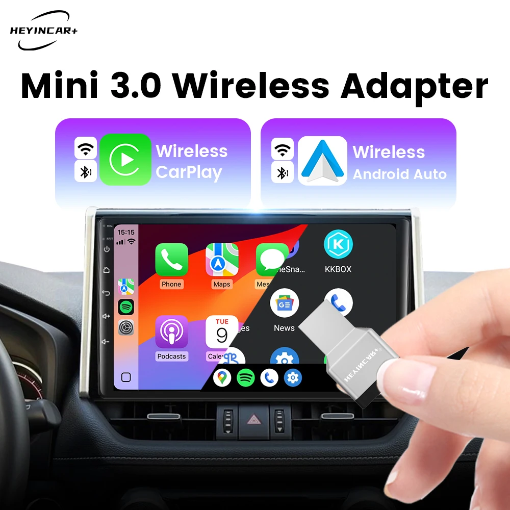 

2026 NEW HEYINCAR 2in1 Wireless Carplay Android Auto Adapter Plug And Play 5.8GHZ WIFI Fast Conncet For 99% Wired Carplay Cars