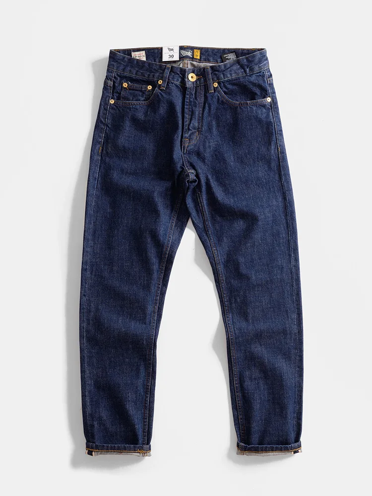 

Retro Pure Cotton Autumnal Selv Denim Straight Leg Casual Men's Jeans Deep Blue Waed Long Trousers Japanese Sle