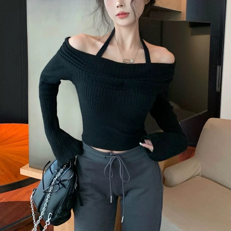 Deeptown Sexy Black Knitted Sweater Elegant Korean Style Off Shoulder Long Sleeve Pullovers Fashion Casual Crop Tops Sweaters