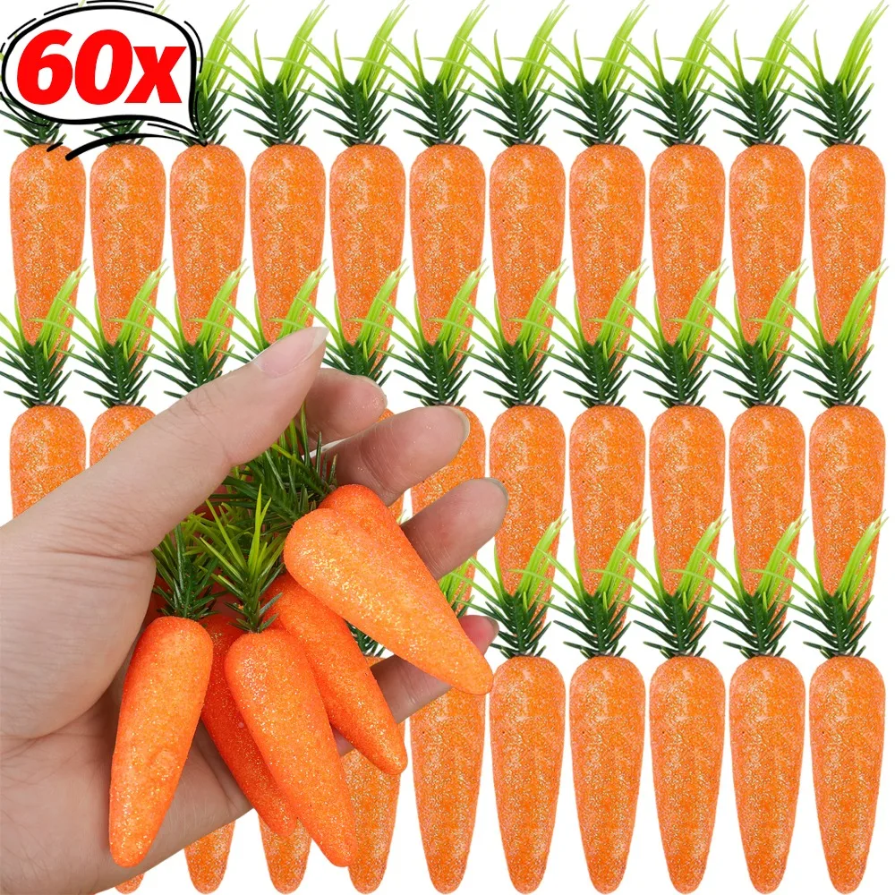 60/6PCS Easter Glitter Carrots Decoration Simulation Mini Carrot Ornament Foam Carrots Pendant Easter Home Decoration Kids Gift