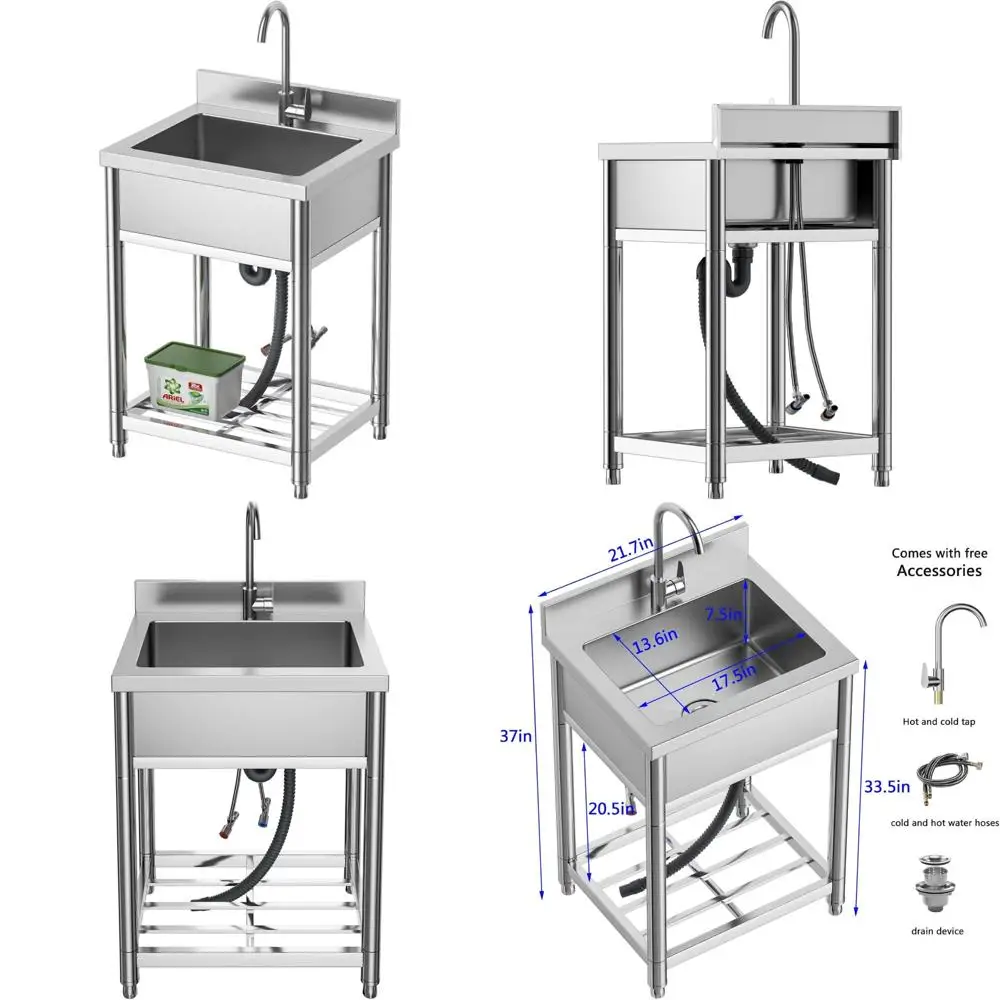 

Commercial Grade Stainless Steel Kitchen Sink, Freestanding Single Bowl, Includes Hot & Cold Faucet, Suitable for Indoor and Out