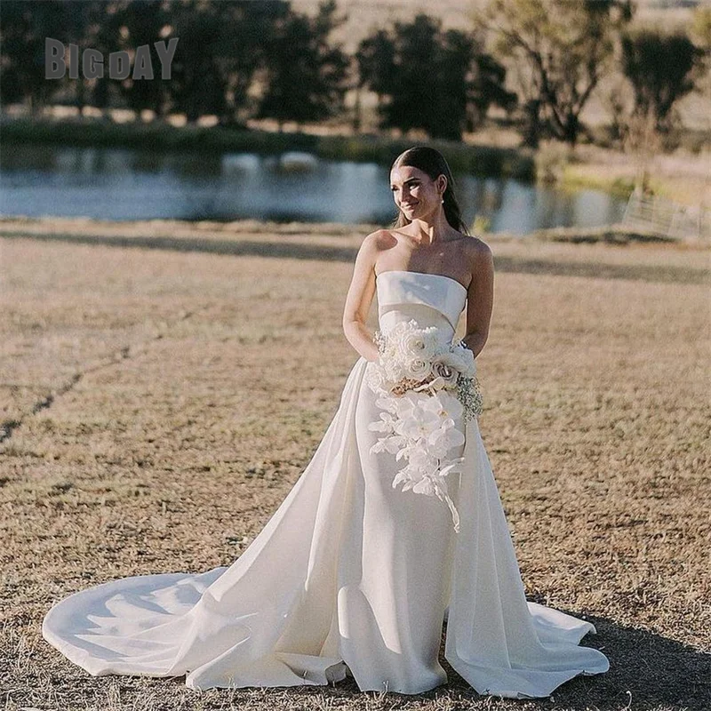 Abiti da sposa eleganti a sirena da donna aperti sul retro senza spalline in raso lunghezza pavimento abiti da sposa treno abiti da Noiva personalizzati