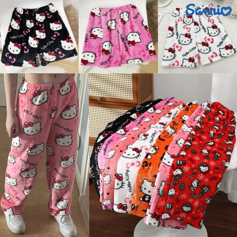 Hello Kitty Y2k Kawaii Anime Flannel Pajamas Women\'S Warm Woolen Cartoon Casual Home Pants Autumn Winter Fashion Trousers