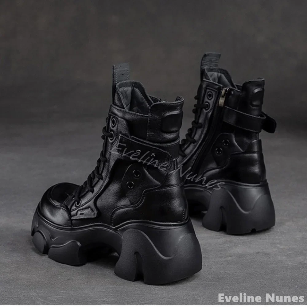 New Winter Thick-soled Motorcycle Boots Women Round Toe Cross Lace-up Plus Velvet Warm Ankle Boots 2025 Fashion Leather Boots