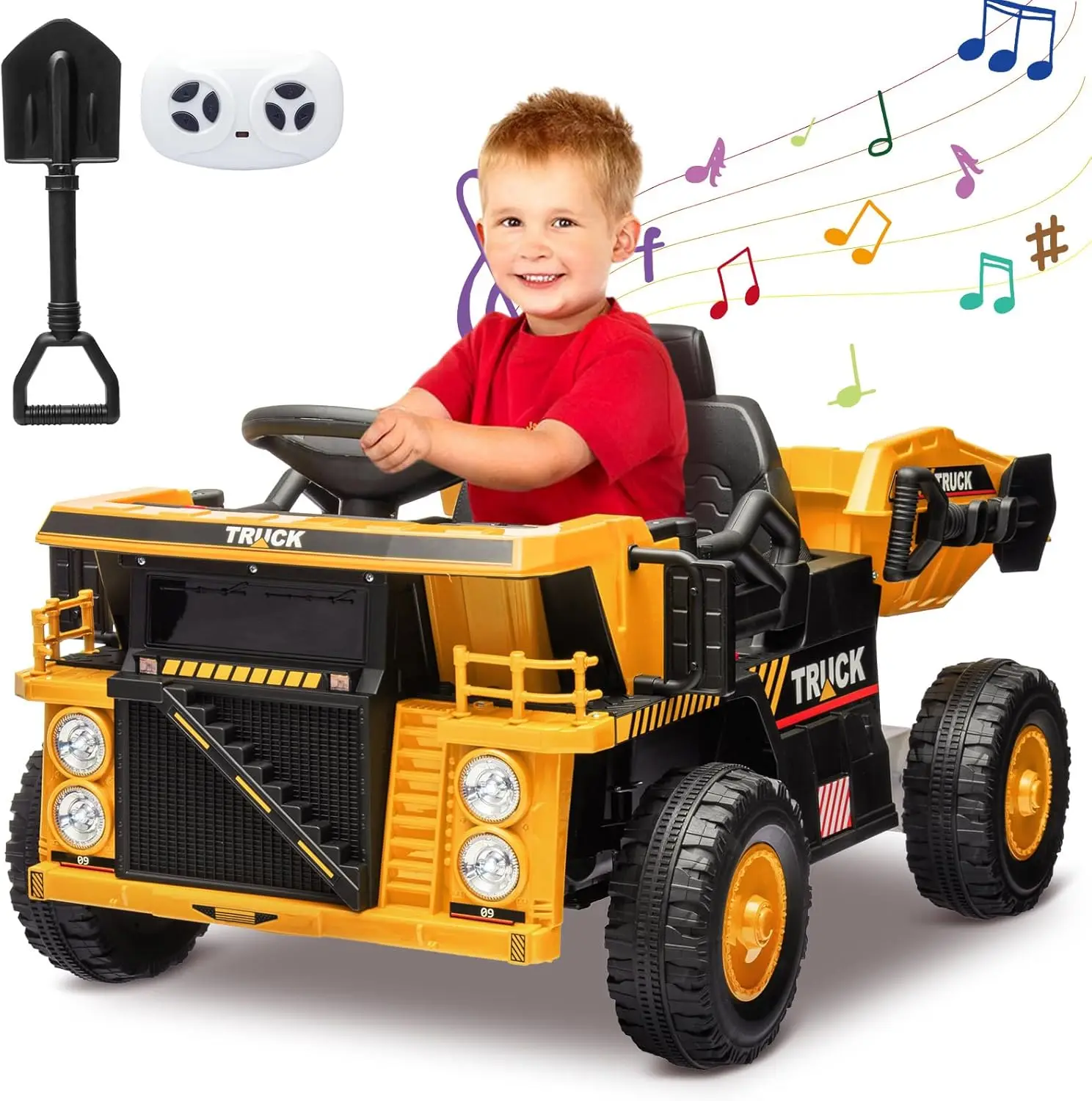 12V rit op dumper voor kinderen, elektrisch bouwvoertuig met afstandsbediening, dumpbed, schep, muziekspeler