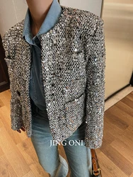 Sequin Jacket 2024 Woman Clothing Y2k Spring Korean Fashion Style Vintage Outerwear Luxury Cropped Blazer Coat Top New Elegant