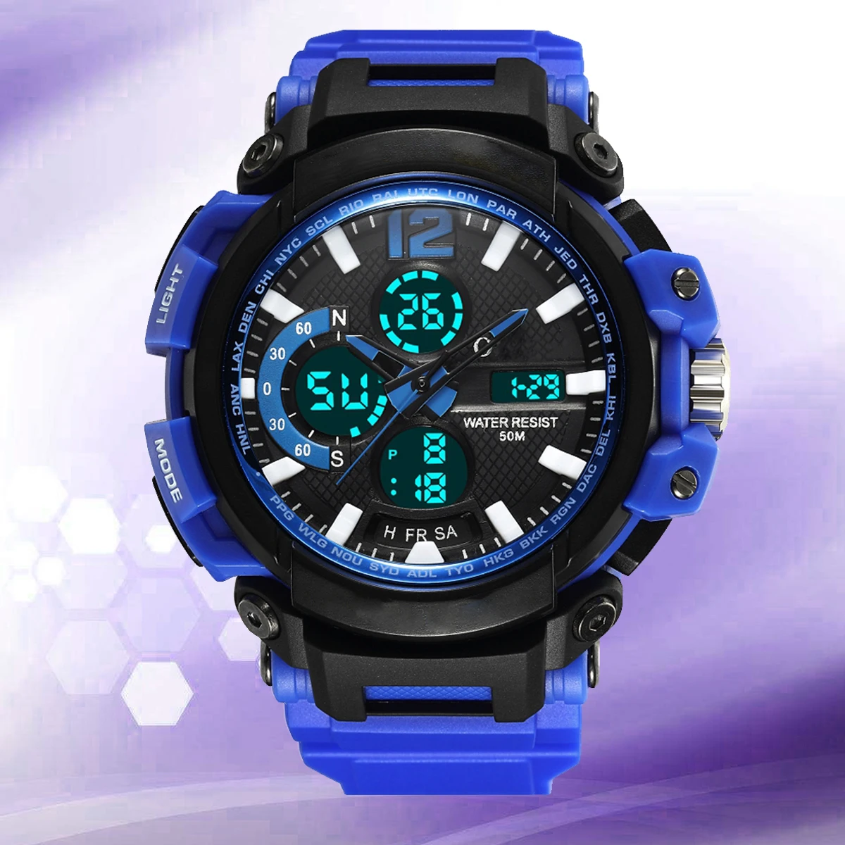 

Men'S 50M Waterproof Led Digital Alarm Chronograph Dual Time Military Style Sports Watch Blue Pu Strap Stainless Steel