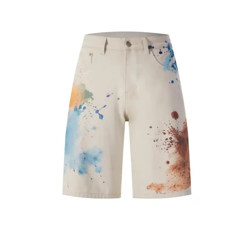 

Rekaan Baharu 2026, American Style Denim Shorts with Watercolor Splash Pattern for Men, Vintage Washed and Worn Five-Point Trous