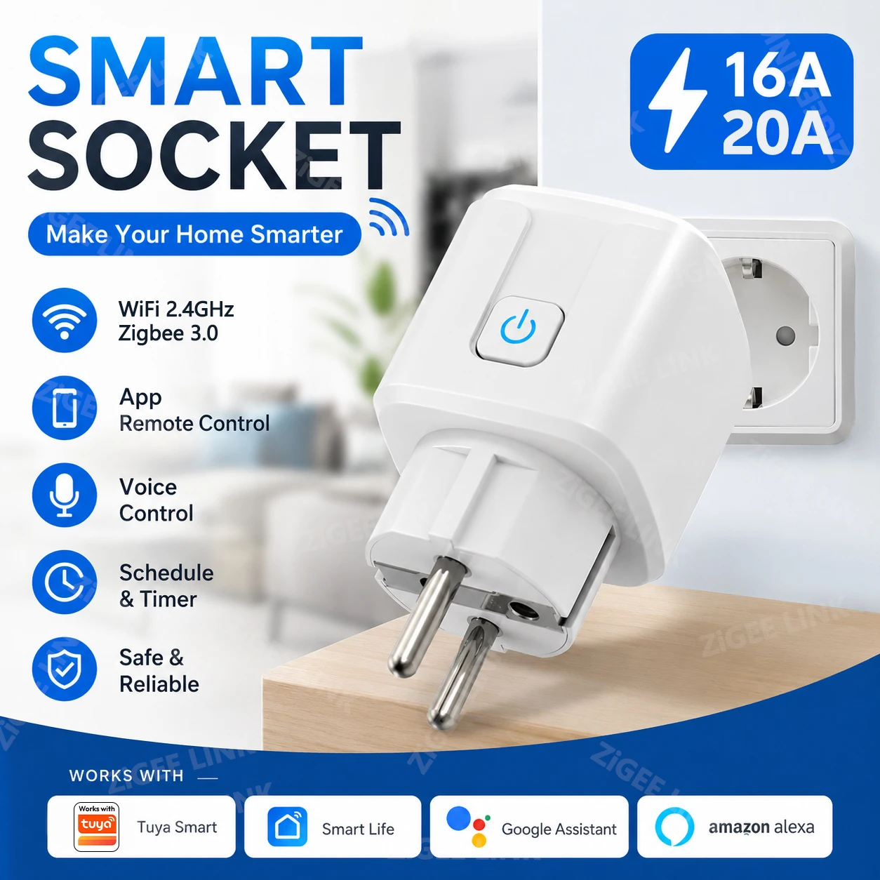 Prise intelligente WiFi Zigbee3.0 EU avec moniteur de consommation d'énergie, minuterie, contrôle à distance par application sans fil, liaison vocale Alexa Google