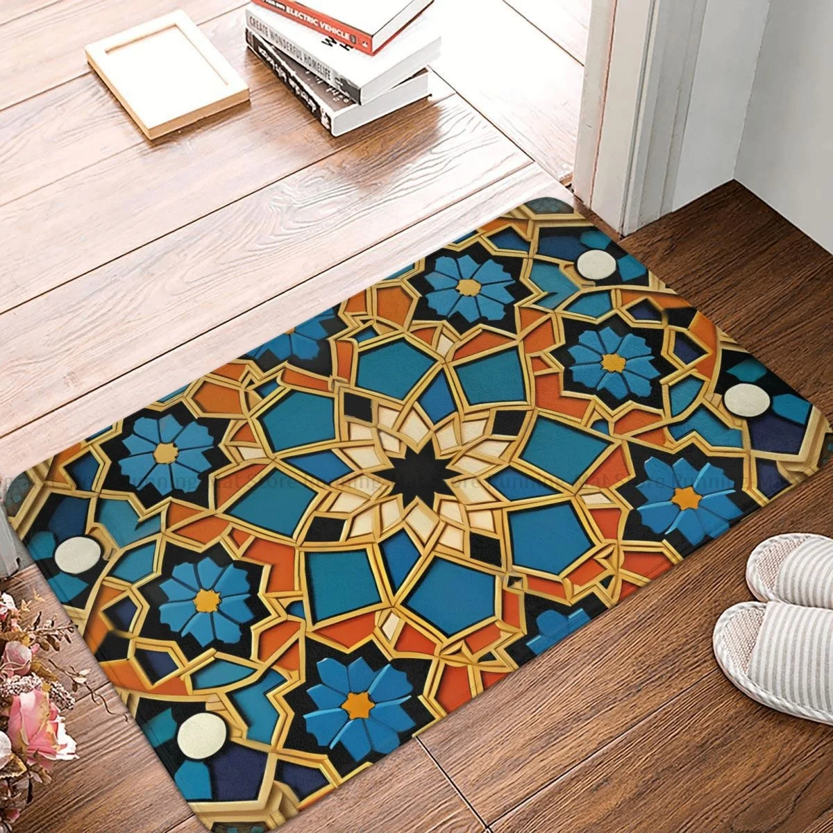 MORROCAN ART Non-slip Doormat Mosaic Gold Blue Bath Kitchen Mat Prayer Carpet Home Modern Decor