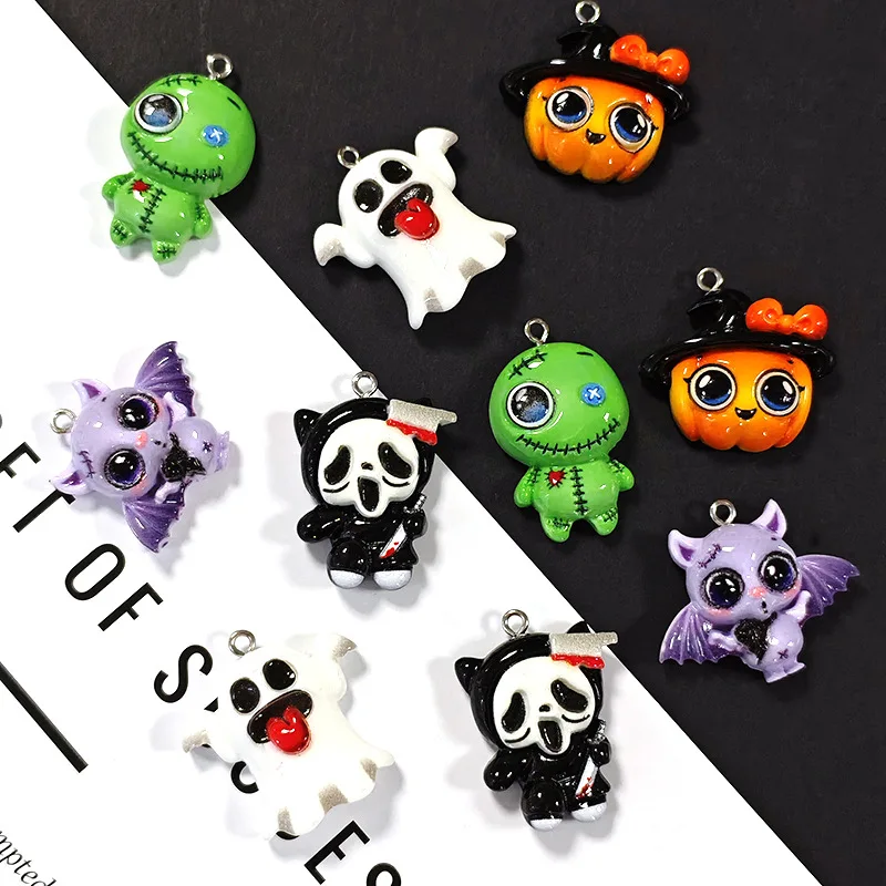 10pcs Resin Halloween Ghost Pumpkin Bat Charms, DIY Pendants for Jewelry Making, Earring Necklace Keychain Craft Supplies Gift