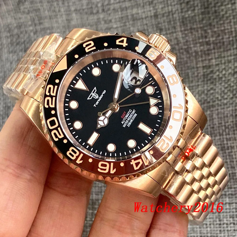 Imagem -02 - Relógio Mecânico Luminoso Masculino Ouro Rosa Mostrador Preto Automático Vidro de Safira Moldura Cerâmica Nh34 Nh34a Gmt 40 mm