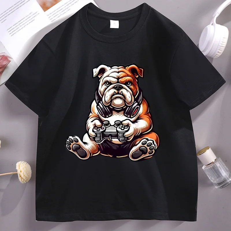English Bulldog Dog T-shirt Funny Games Gamer T Shirt Men's Soft Breathable Cotton Tshirt Crew Neck Casual Wear Trendy Y2K
