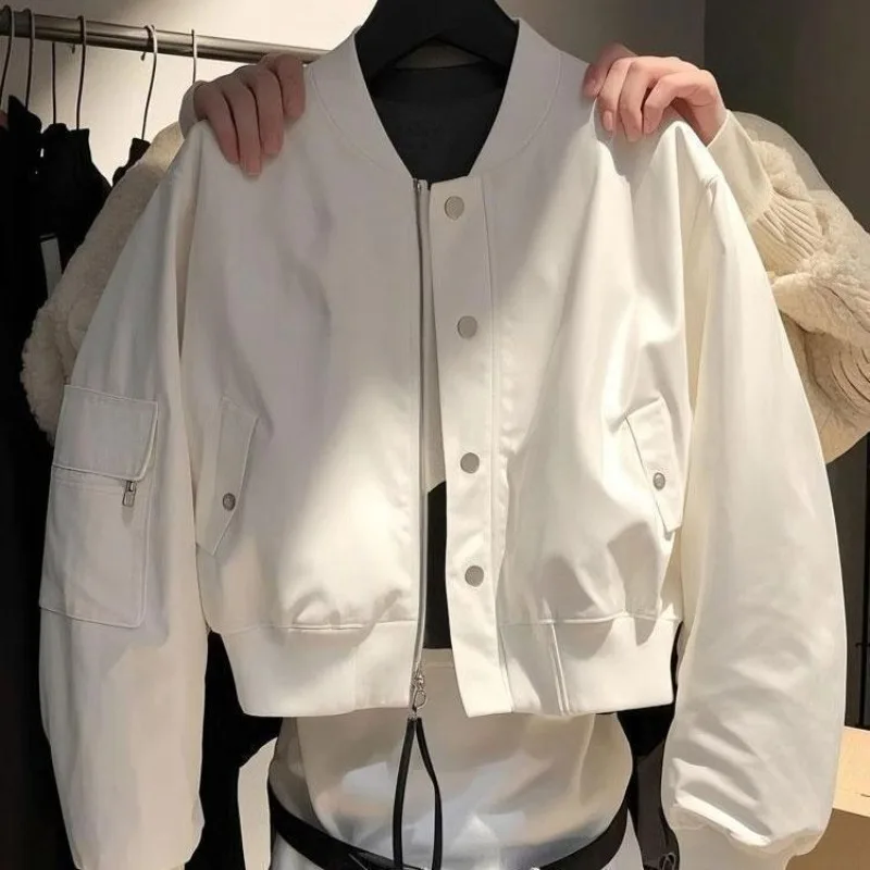 Casual Lazy Street Style White Short Jacket For Women 2026 Spring Autumn New Fashion Loose Zipper Coat Lined Baseball Outwear