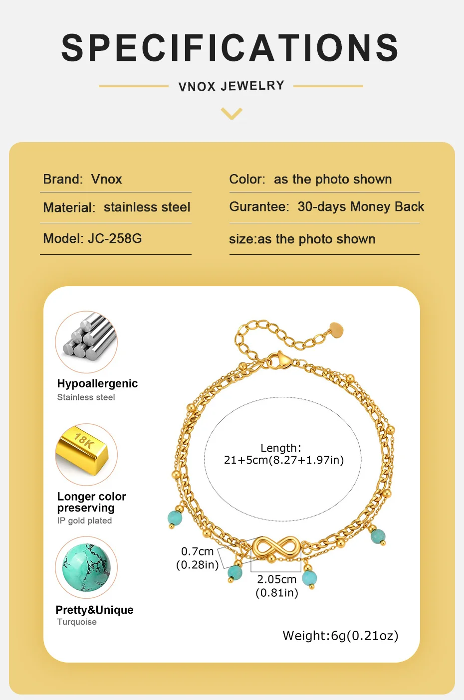 Vnox Neues Boho Doppellagiges Infinity Damen-Fußkettchen aus Edelstahl, Vergoldet, Sommerschmuck für den Strand – Detail 4