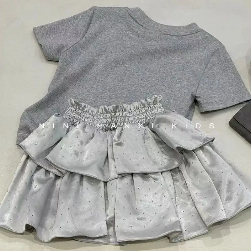 

100-170cm Girls' Summer Set 2026 New Mid sized Children's Bow Short sleeved Top+Short Skirt Two piece Set Kids Outfits