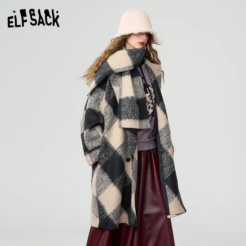 ELFSACK-Veste Longue Épaisse Décontractée à Carreaux Noir et Blanc, Nouvel Arrivage Hiver 2024