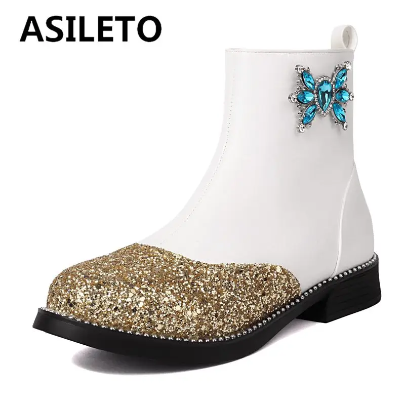

ASILETO Fashion Women Ankle Boots Round Toe Block Heels 2.5cm Zipper Mixed Color Glitter Crystal Small Size 31 32 Daily Bota