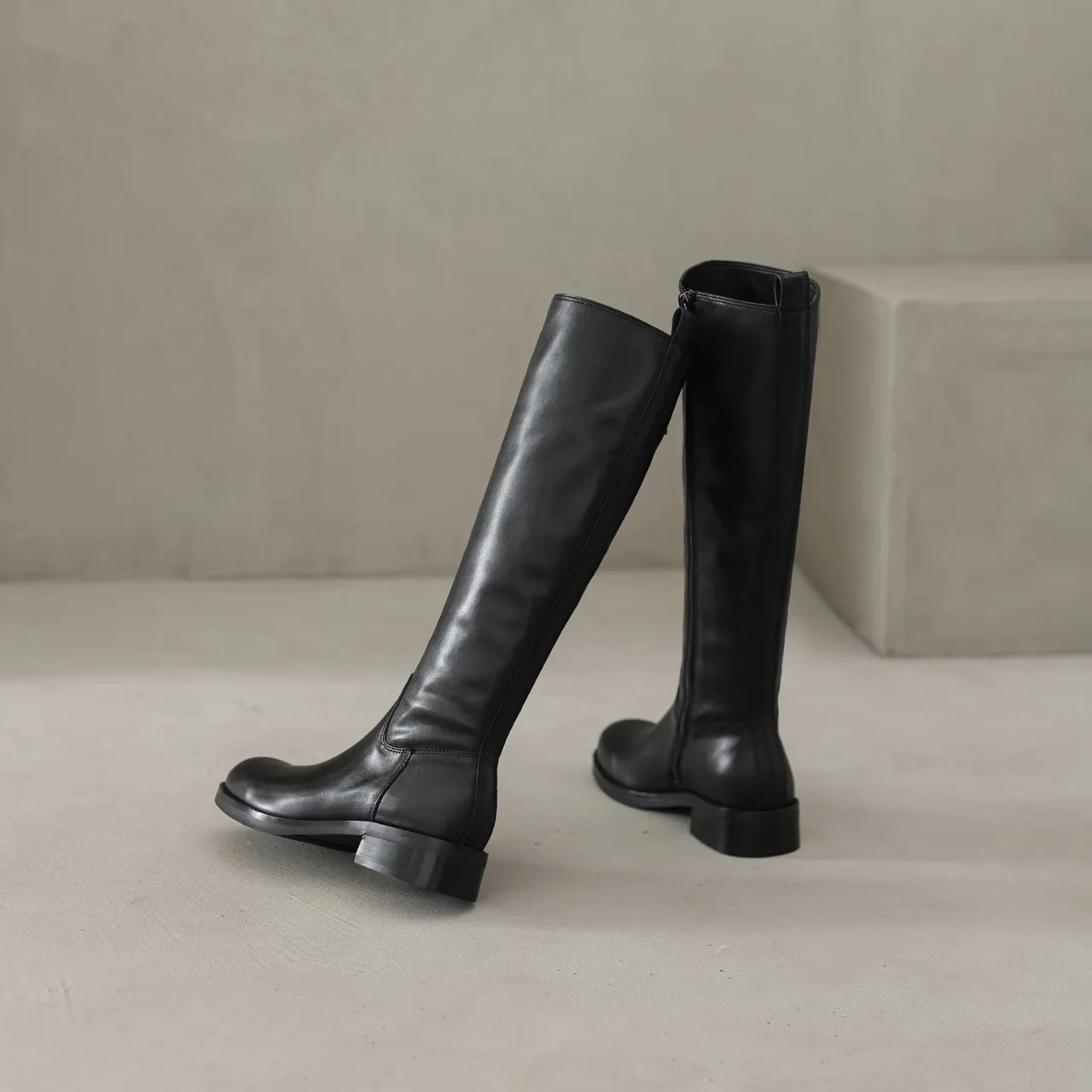 British style high top knight boots 2024 winter leather thick heel slimming long boots below knee zipper women's leather boots