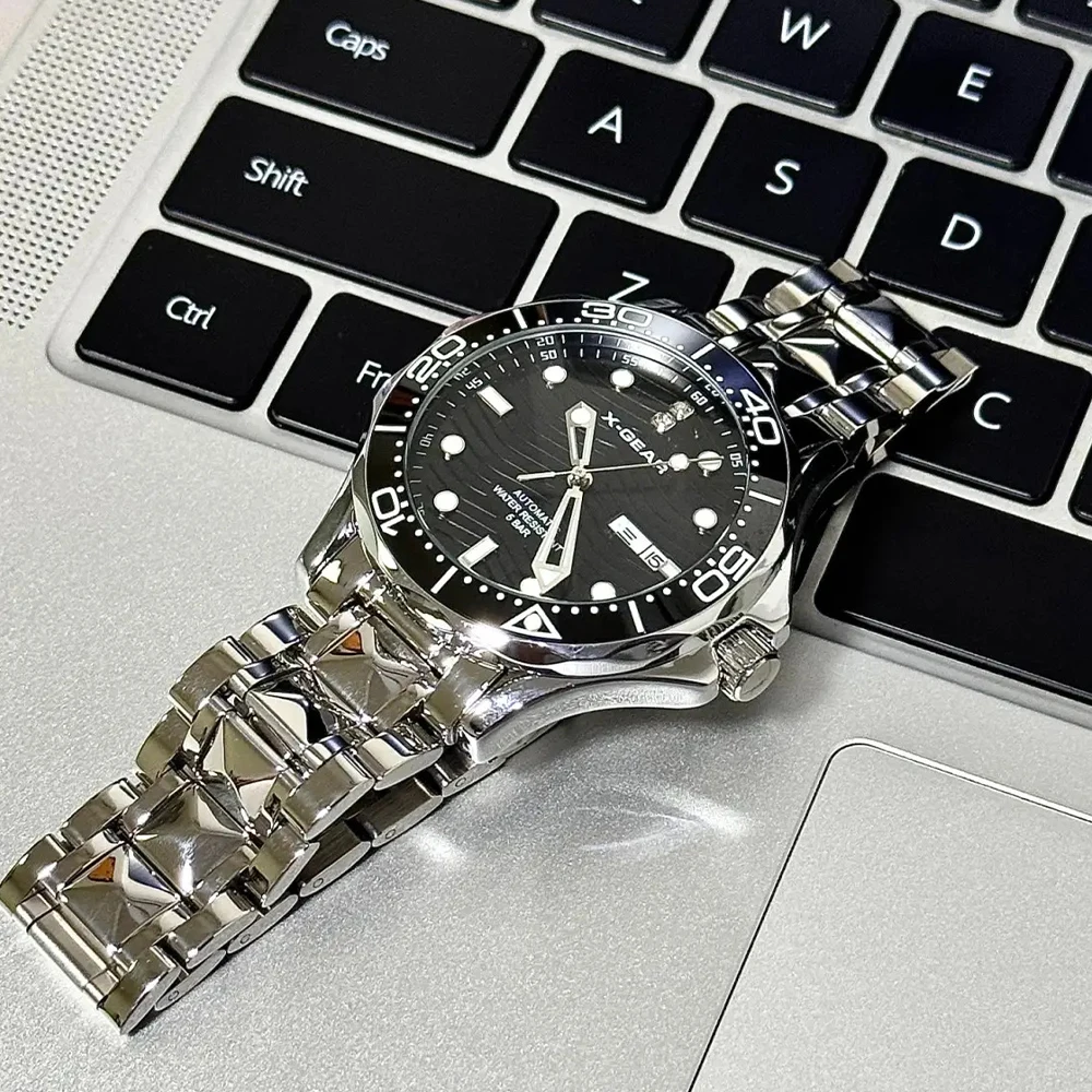X-GEAR Waterproof Men's Mechanical Wristwatch Automatic Sea Horse Luminous Stainless Steel Watch Night Light Precision Timepiece