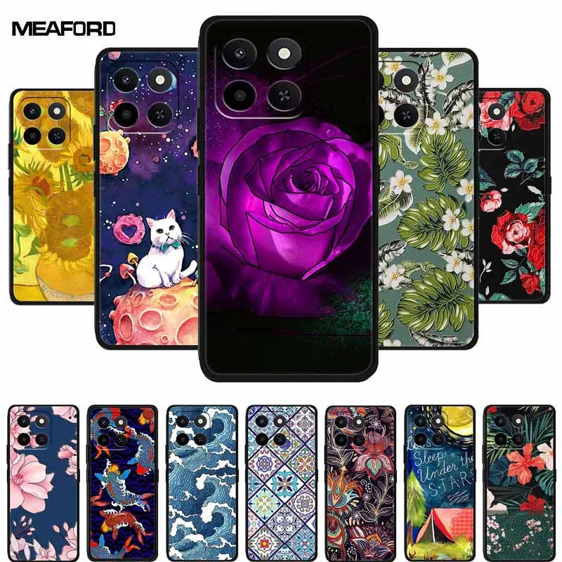 حافظة مزخرفة ثلاثية الأبعاد لهاتف Honor Play 10T 400 Smart 4G 5G غطاء خلفي على شكل زهرة الإغاثة حافظة ناعمة من السيليكون الأسود لهاتف Honor X7d 4G 5G Para