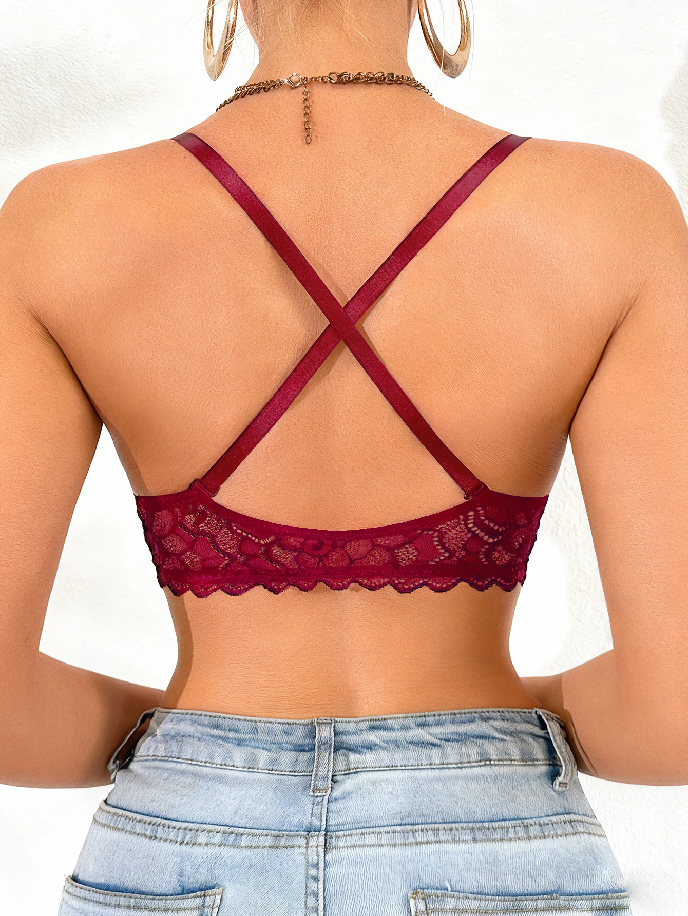 Butterfly Back Damen Spitzen-BH Sexy Vorderverschluss Push-Up BH Mehrweg-Träger Dessous – Detail 14