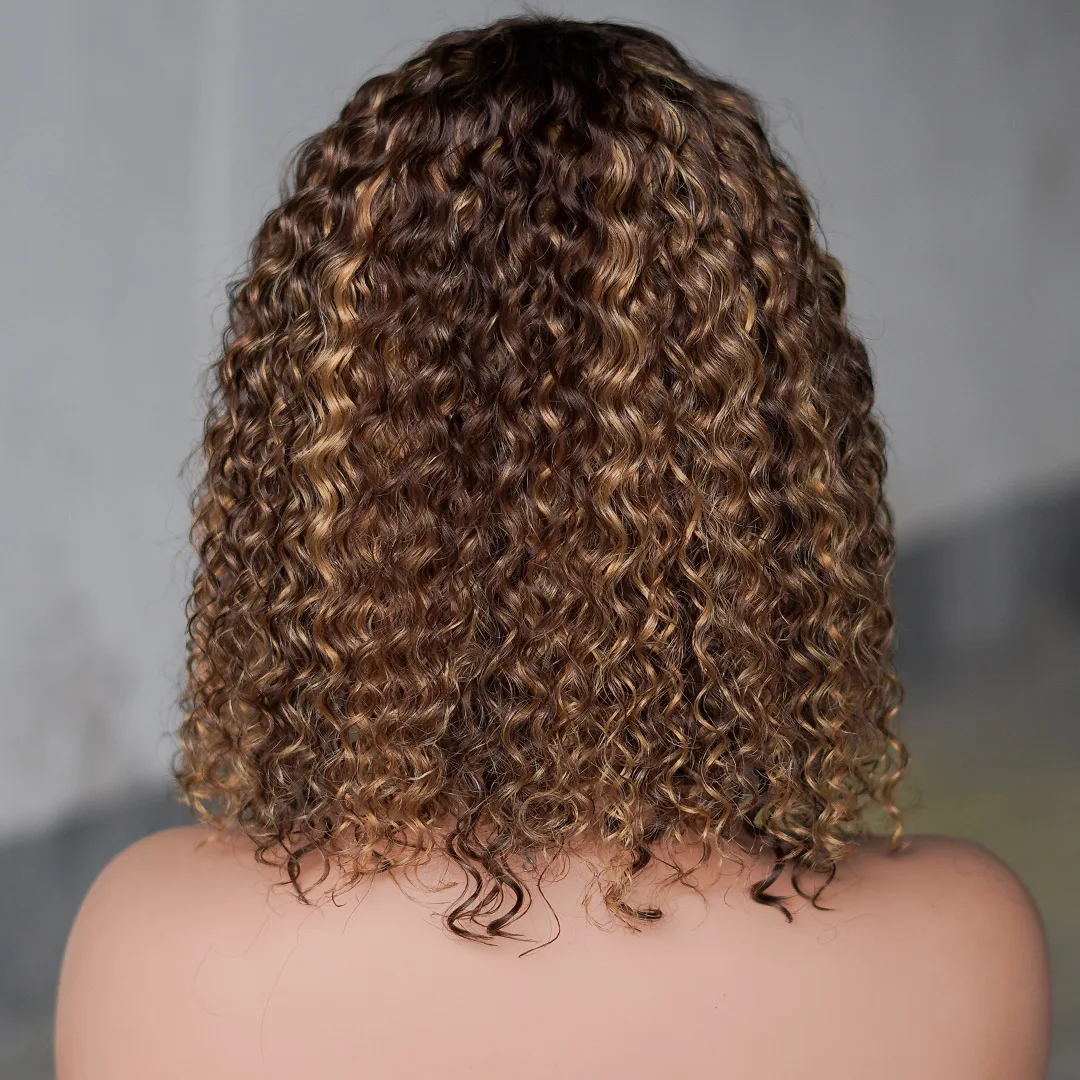 Perruque Bob Brésilienne Naturelle Crépue Bouclée avec Frange, Cheveux Courts, Ondulés, 12 Pouces, P4/27, Faite à la Machine