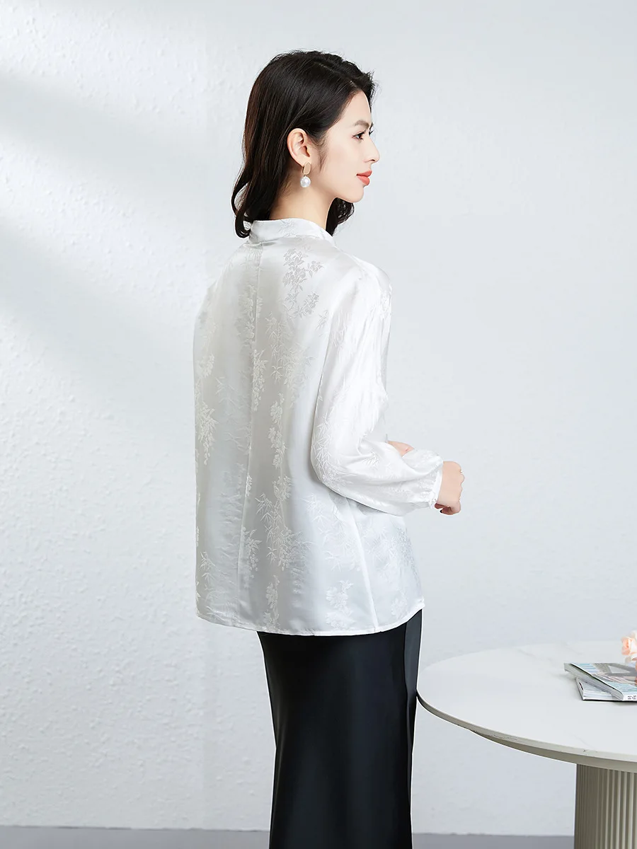 Winsleter-24,4% zijde 75,6% viscose elegant shirt, standaard jacquard, dames retro temperament pendelblouse, herfstnieuw 2025, T59433CC