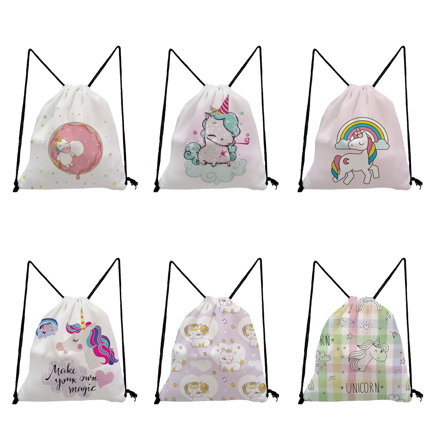 Eco tas ransel serut dapat dilipat, tas punggung lembut bepergian Kartun Unicorn motif hewan lucu praktis dapat digunakan kembali