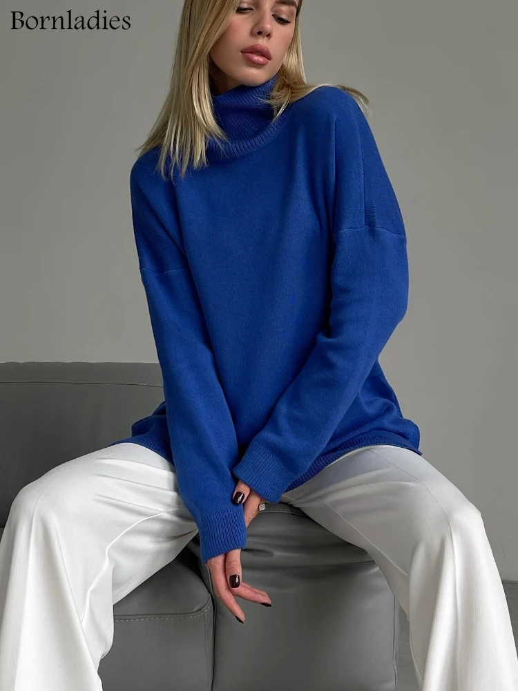 Bornladies Green turtleneck sweater slit ladies 2022 autumn and winter warm, comfortable and fashionable knitted sweater
