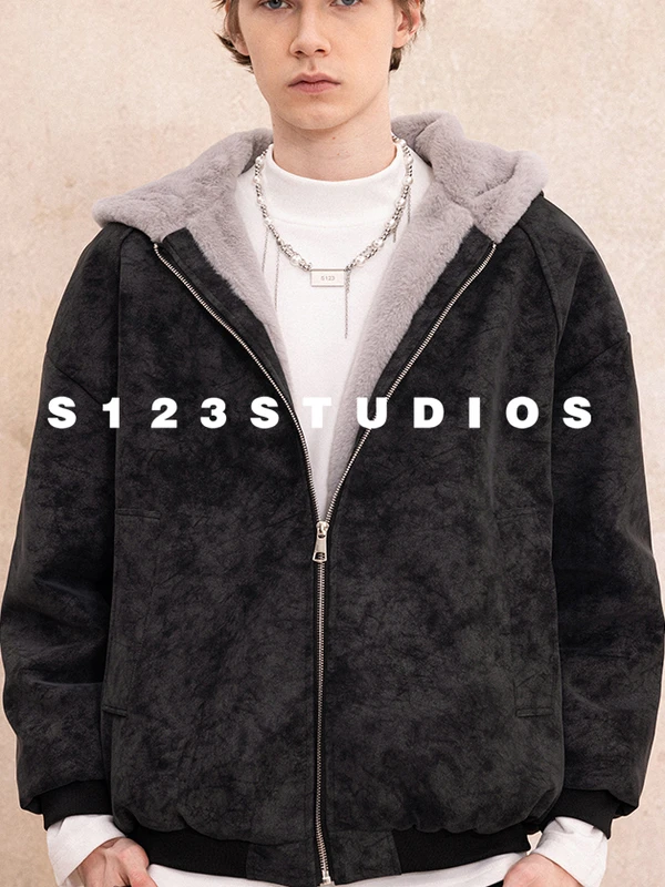 

S23 Hooded PU Leather Cotton Jaet Warm Loose Fit Retro Sle Outerwear for Men Couple's Winter Faion Brand S23
