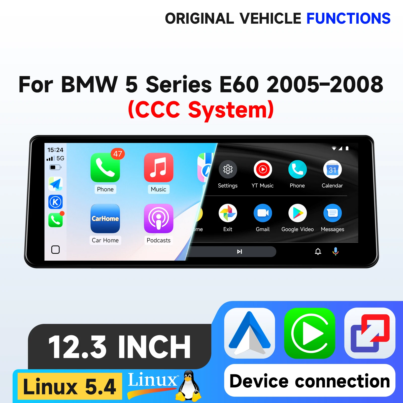 Hizpo Linux 5.4 System 12,3 Zoll Auto-Multimedia-Player für BMW 5er Serie E60 E61 E63 E64 2005-2008 CCC Touch-Display Airplay Autoradio-Player Stereo GPS-Navigation Audio Original Auto-CD-Player