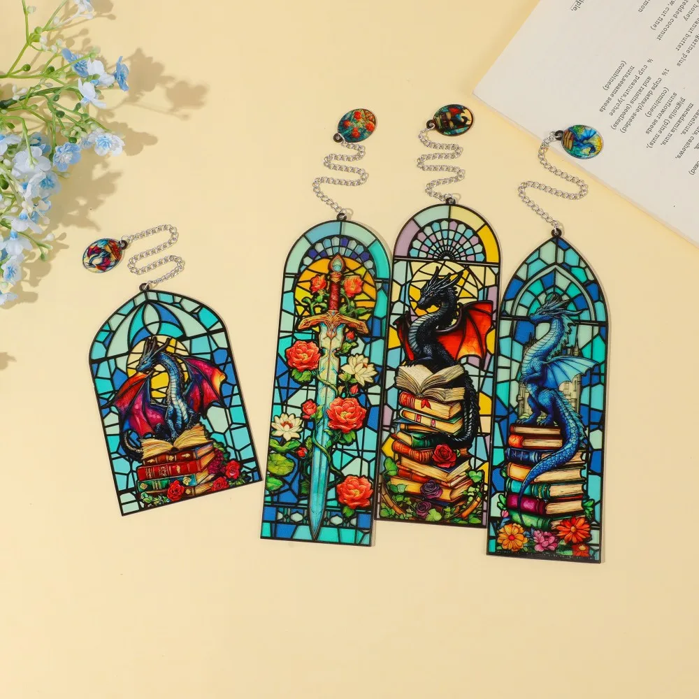 1pc Painted Glass Bookmark, Made of Acrylic, with Creative Red and Blue Dragon Pattern Reading Marker Bookmark