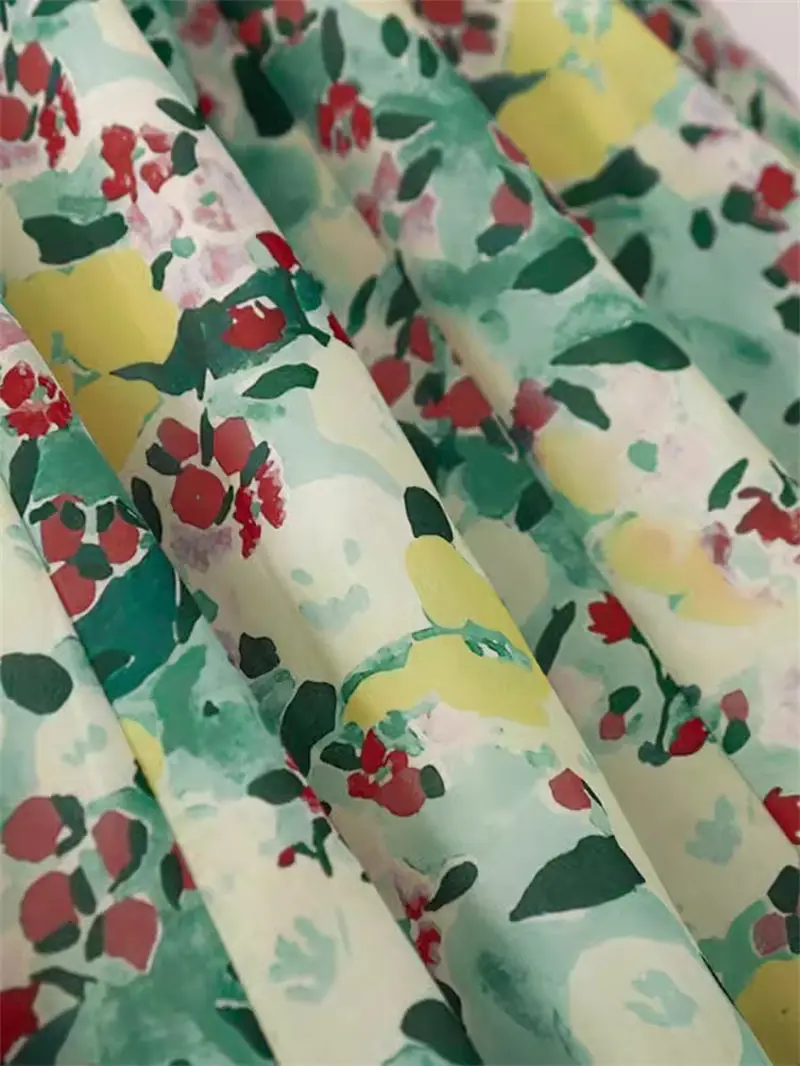 Saia de linho e algodão estampado verde para mulheres, saia midi clara, moda elegante, linha A, K2112, verão