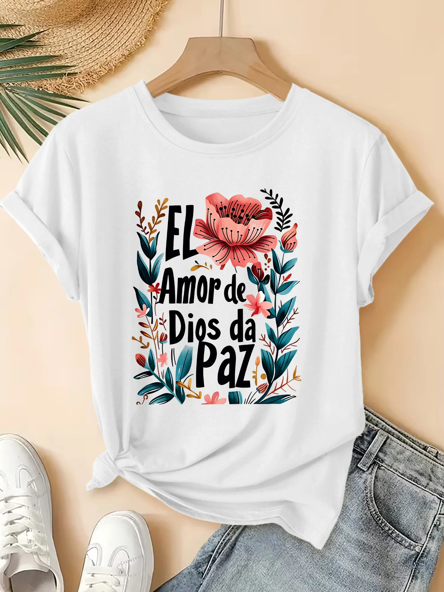 Women's Spanish Faith Slogan T-Shirt – Short-Sleeve Top with Vintage Spanish Prayer Print