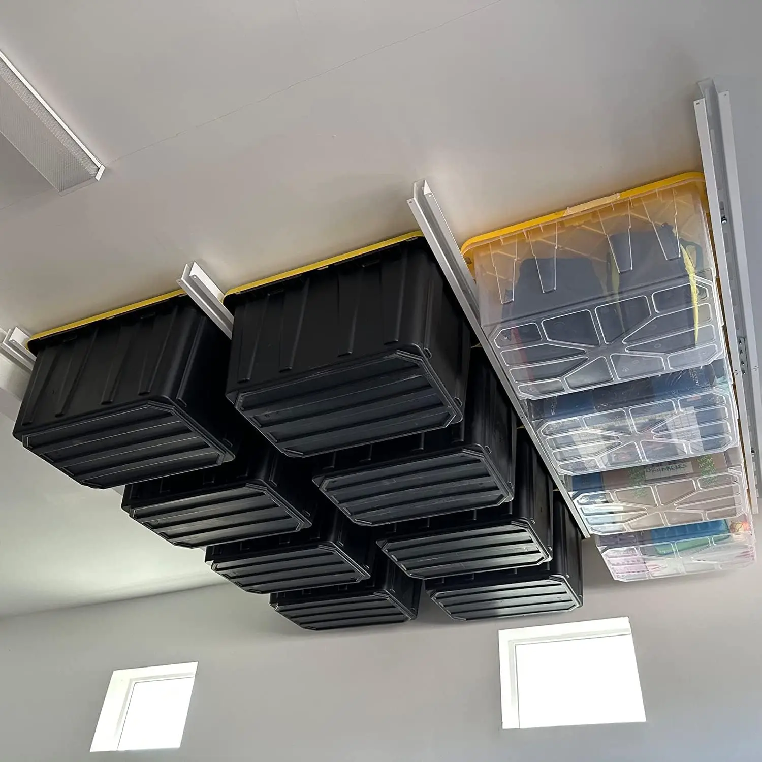 Tote Slide PRO Overhead Garage Storage Rack - Organize Up to 15 Storage Tote Container Bins on The Ceiling